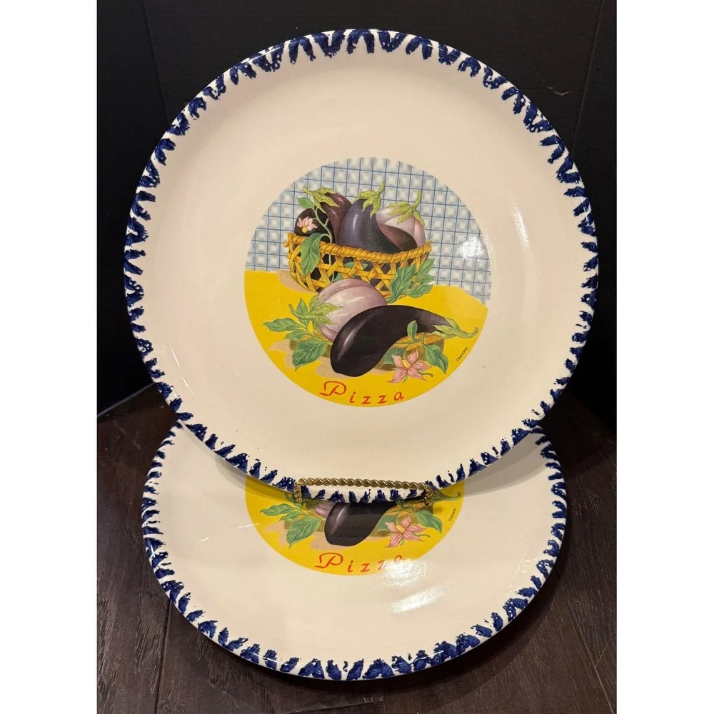 C.M.S. Pizza Plates Plate Blue Trim Hand Painted Italy Eggplant Set of 2 NEW